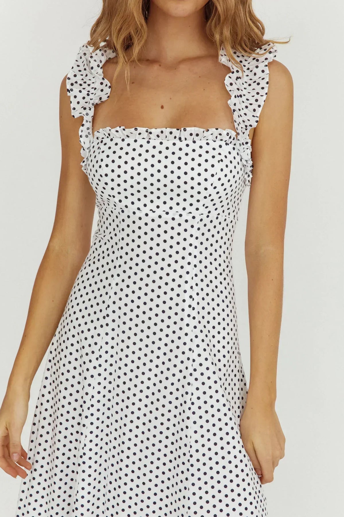Polka Dot Square Neck Frill Strap Fit and Flare Maxi Dress 3