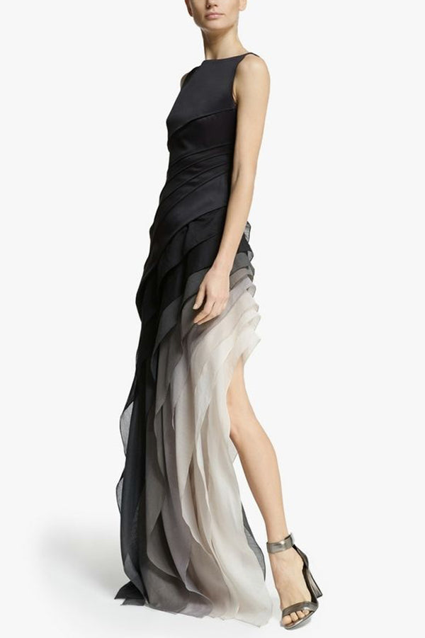 Sleeveless Boat Neck Ombre Tiered Diagonal Panel Maxi Gown 4