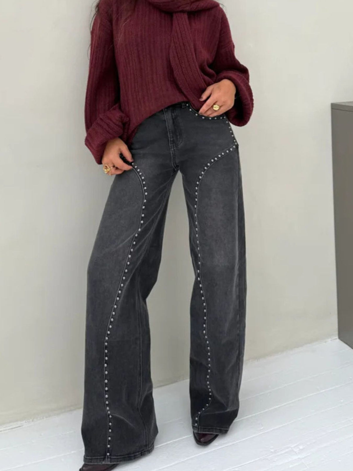 High Waist Studded Curved Seam Wide Leg Jeans 6