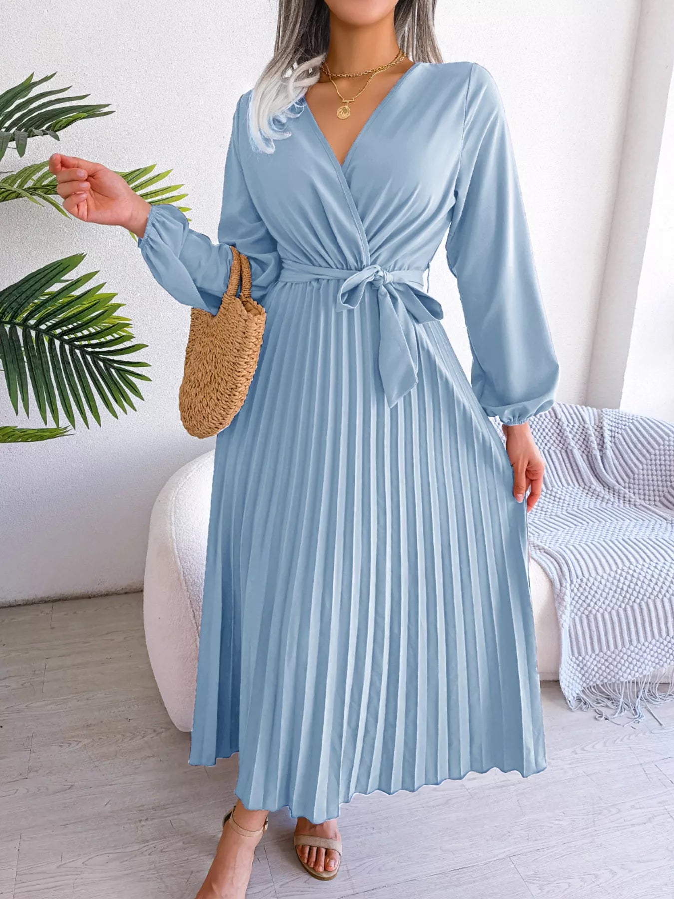Elegant Pleated Front Tie Long Sleeve Dress Light Blue