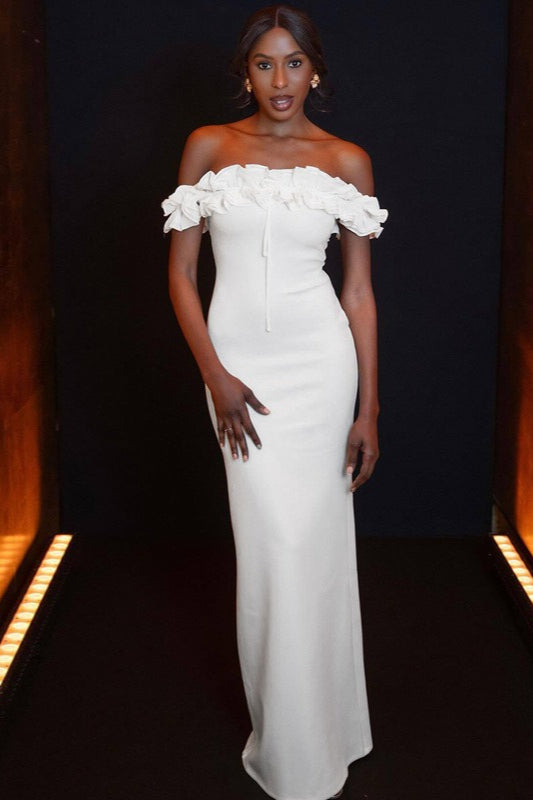 Off Shoulder Ruffle Trim Tie Front Bodycon Maxi Dress