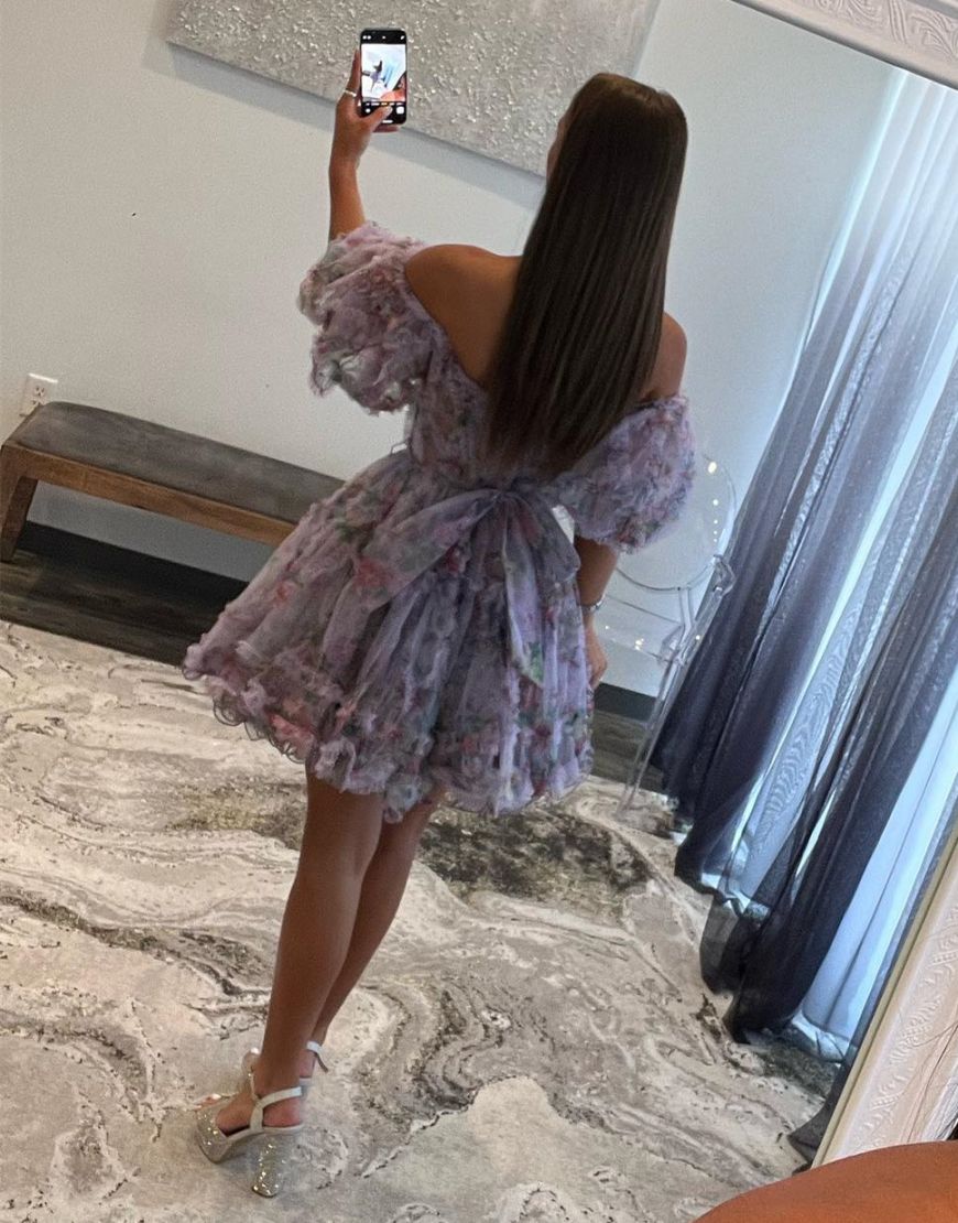 Cute A-Line Off The Shoulder Short Tulle Print Homecoming Dress