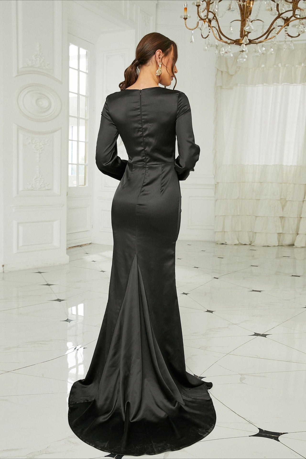 Satin Crew Neck Long Sleeve Ruched High Split Mermaid Gown