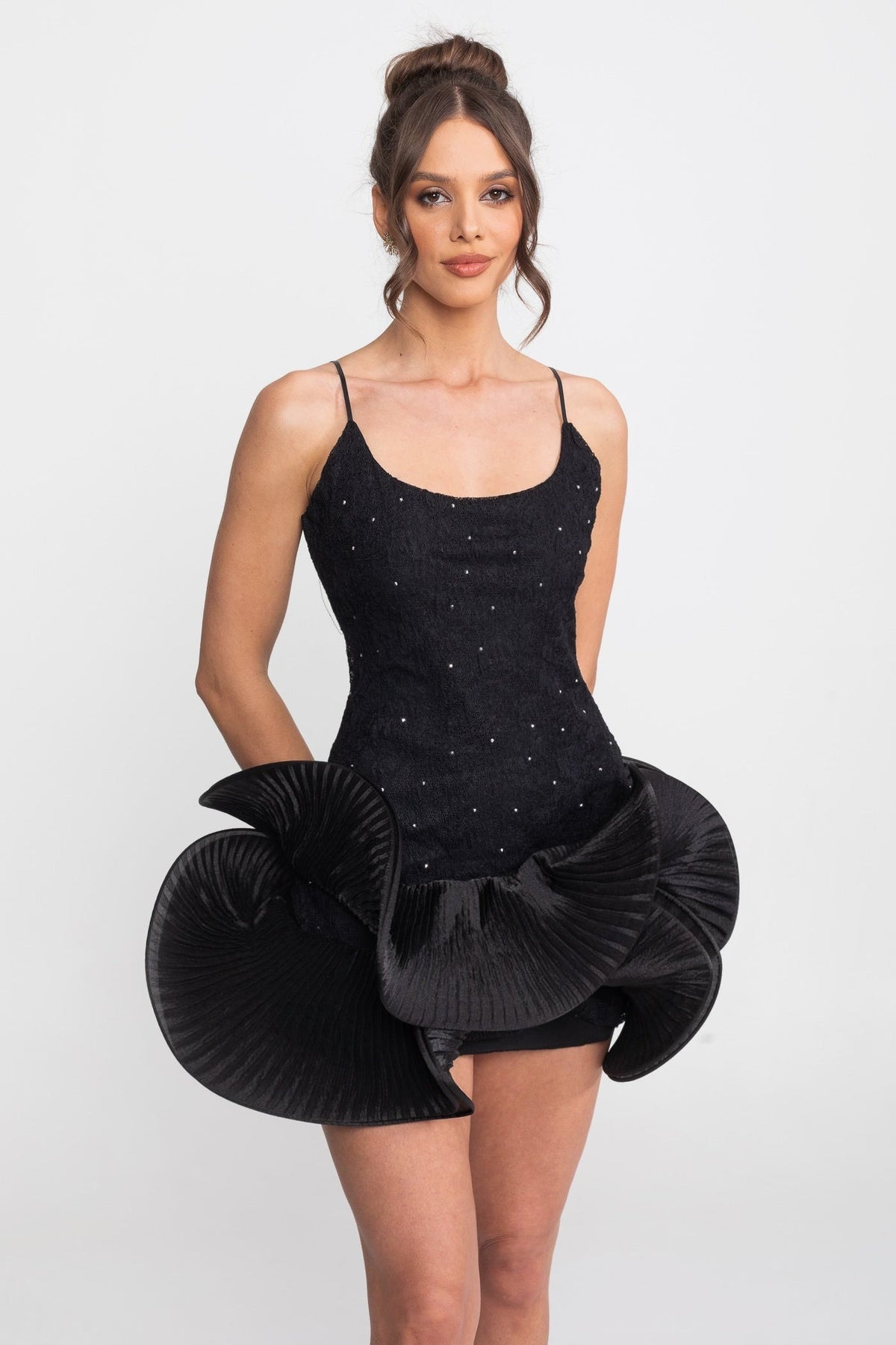 Scoop Neck Spaghetti Strap Rhinestone Pleated Ruffle Hem Mini Dress