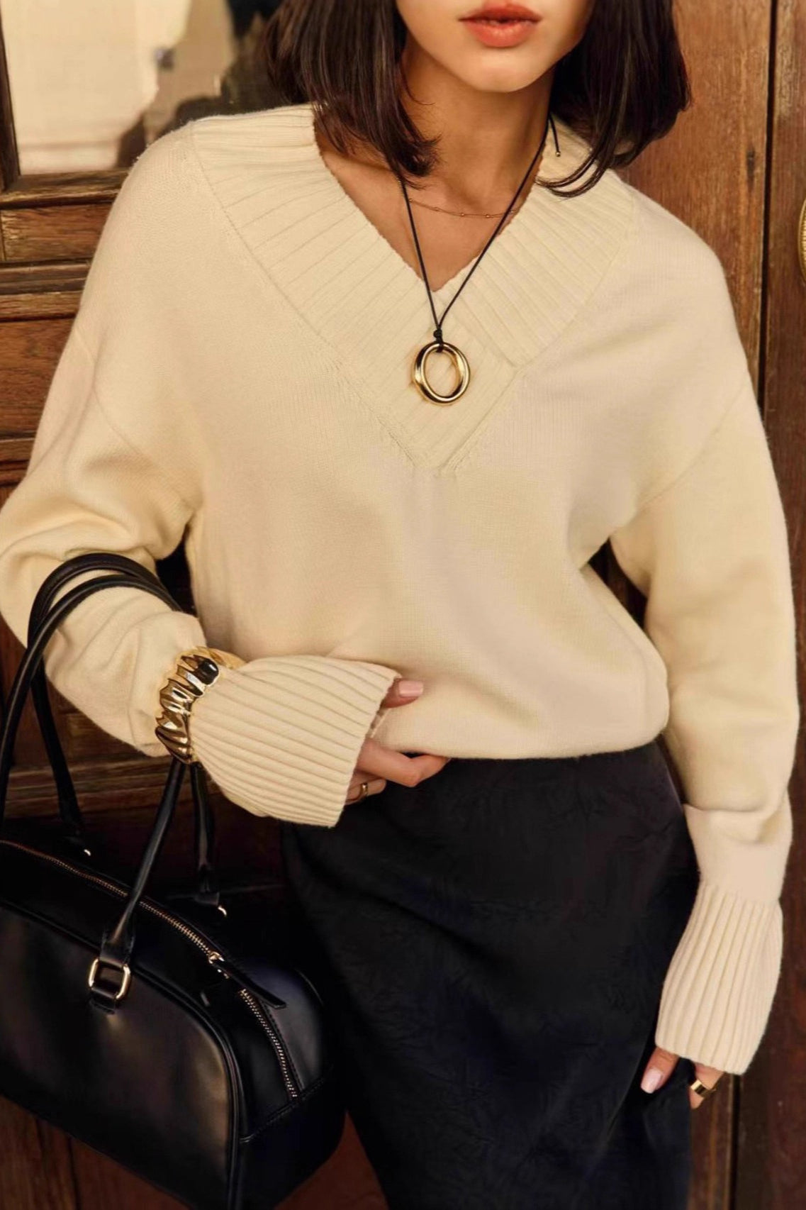 V Neck Flare Sleeve Knit Sweater