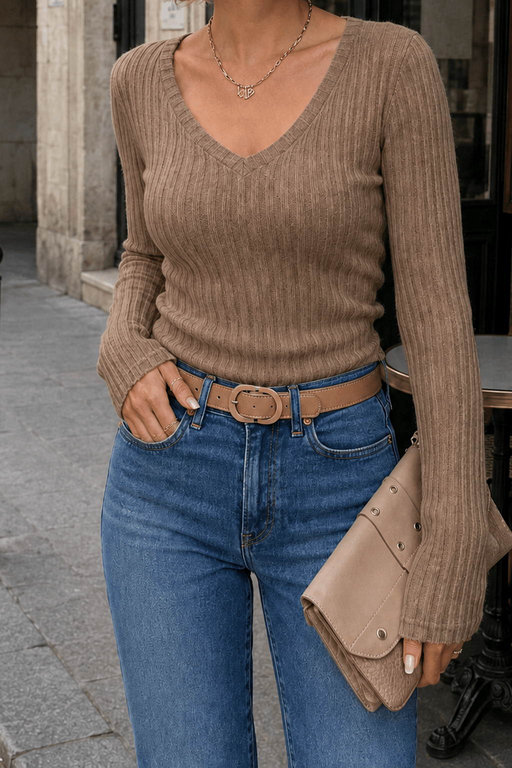 V-Neck Ribbed Skinny T-Shirt