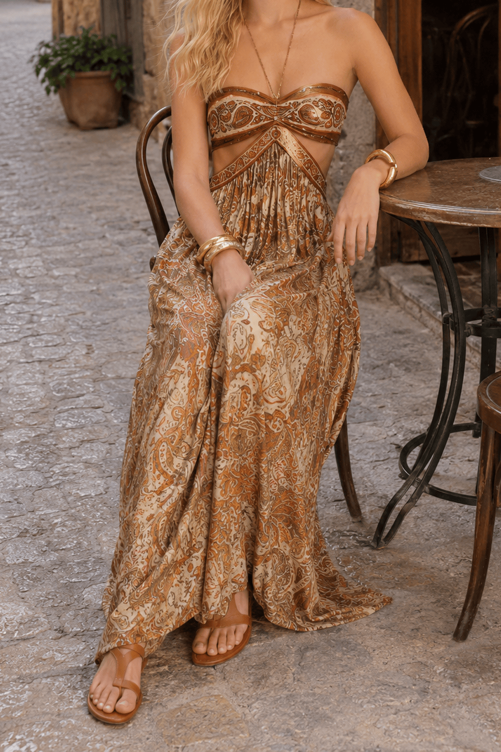 Strapless Lace Up Pleated Boho Dress