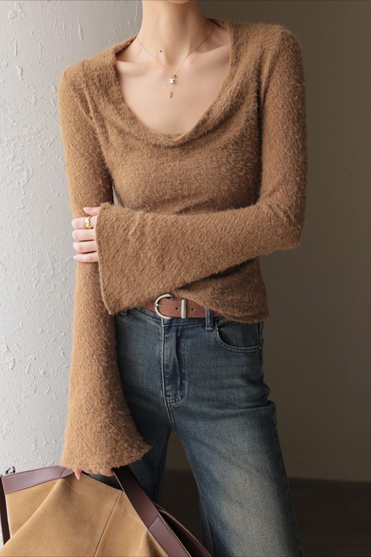 Retro Draped Cowl Neck Long Sleeve Top