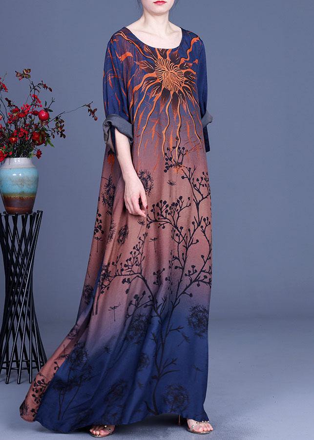 Sunburst Botanical Print Scoop Neck Three Quarter Sleeve Oversized Maxi Dress