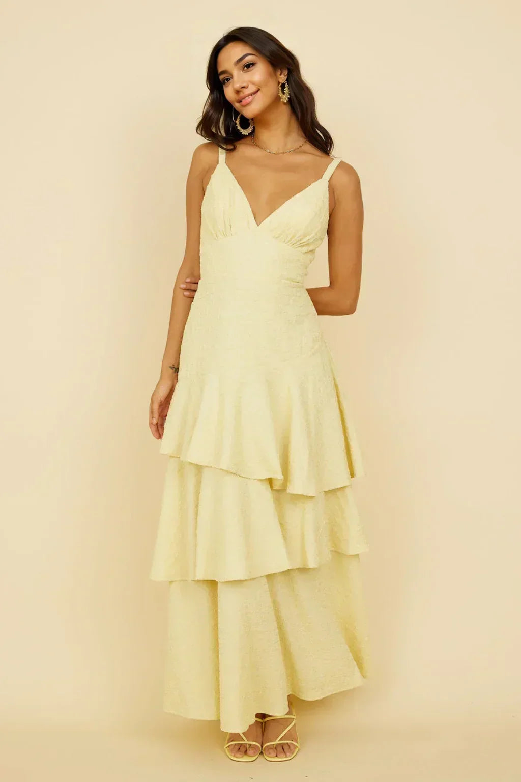 Textured V-Neck Cami Ruched Bust Tiered Ruffle Maxi Dress
