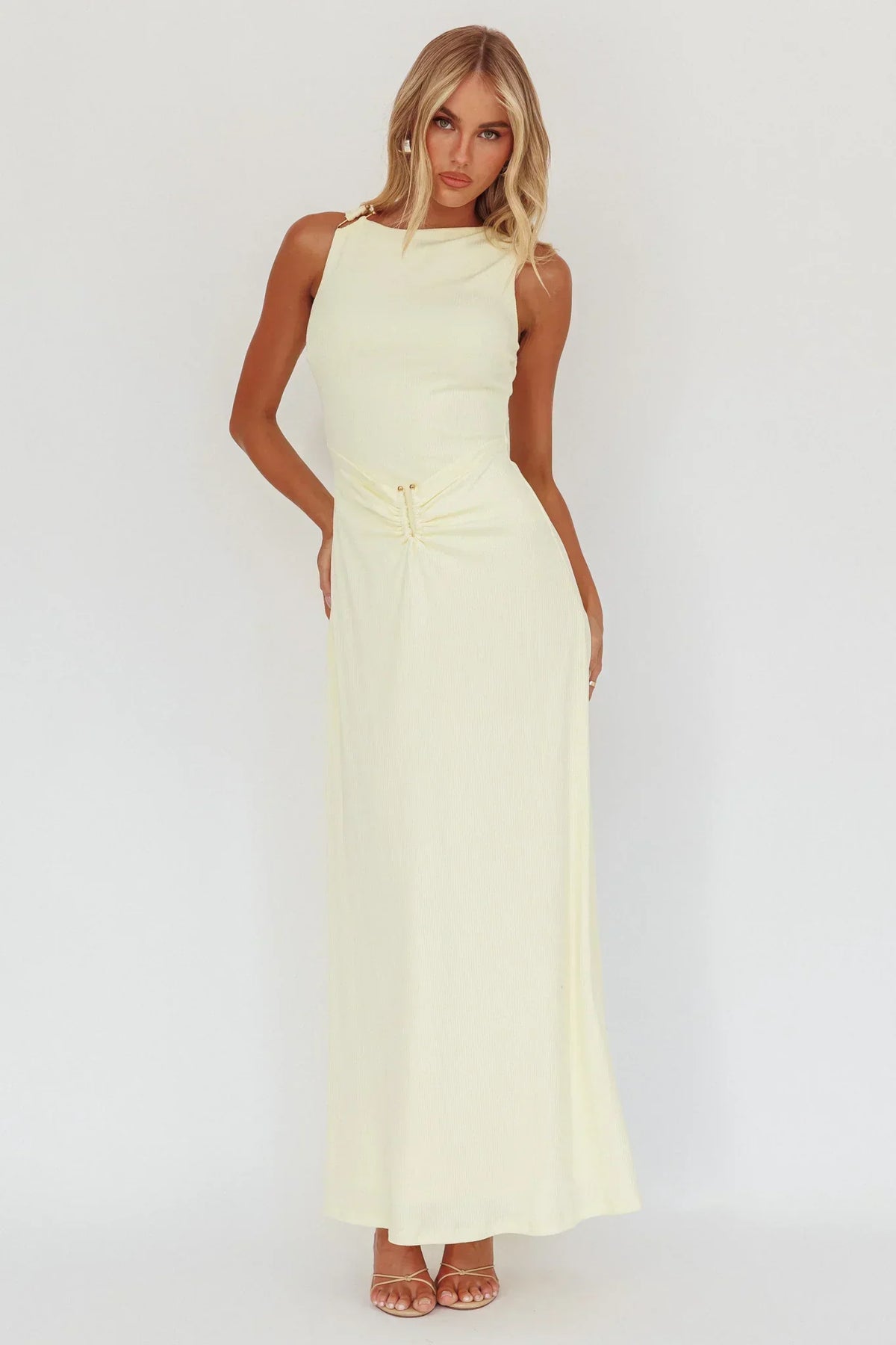 Sleeveless Boat Neck Ruched Waist Hardware Detail Maxi Dress 6