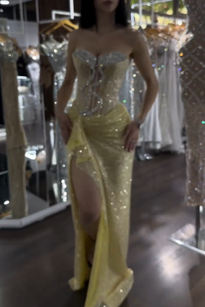 Glitter Strapless Yellow Sequin Beaded Mermaid Slit Evening Dress Formal Birthday Party Dress D1059