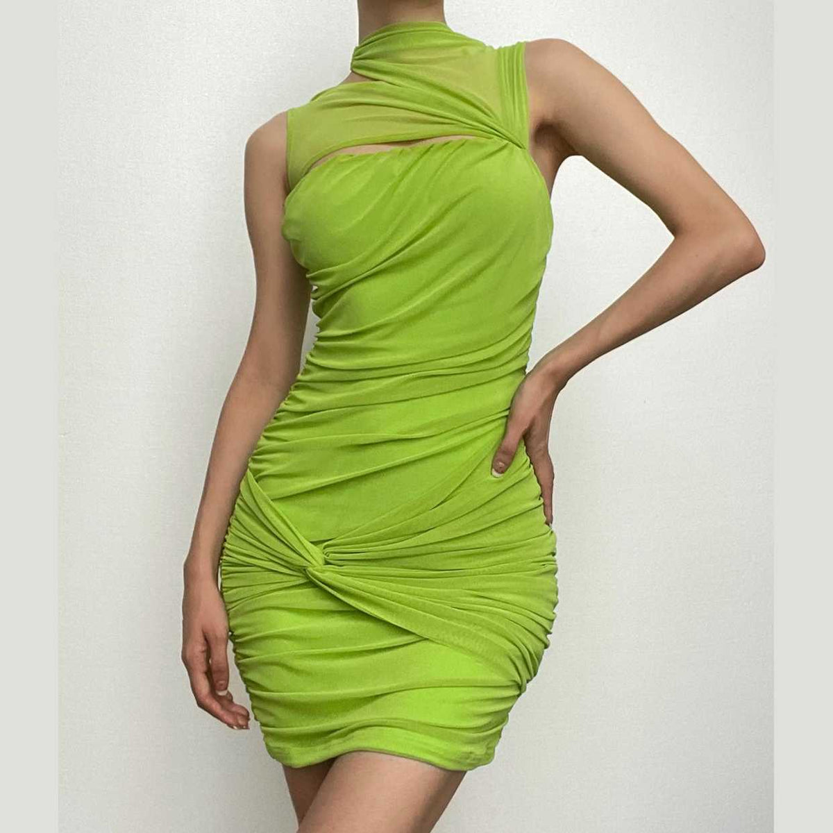 Mock Neck Sleeveless Mesh Panel Cut Out Twist Ruched Mini Dress