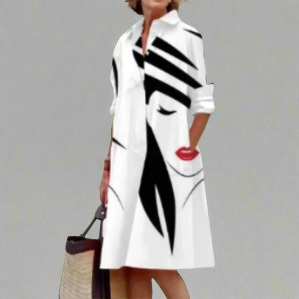 Noa - Stylish Face Pattern Shirt Dress White