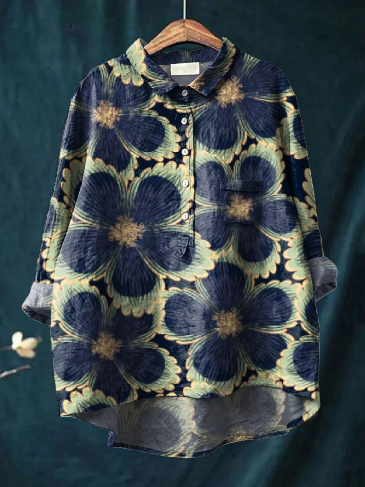 Floral Print Long Sleeve Collared Button Up Oversized Shirt