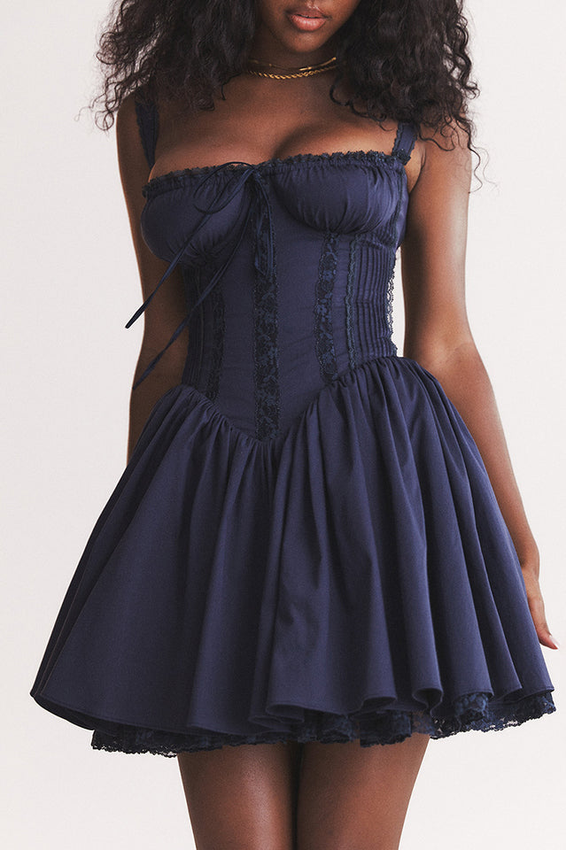 Lace Trim Corset Drop Waist Fit and Flare Mini Dress