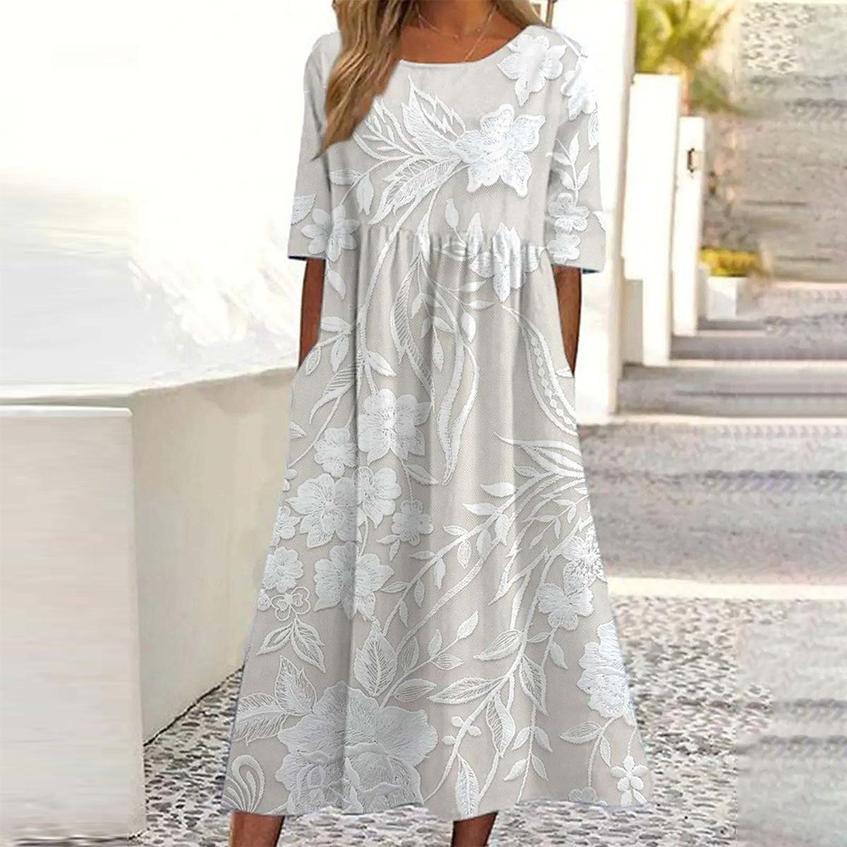 Dovie - Timeless Long Floral Dress with 3/4 Sleeves White