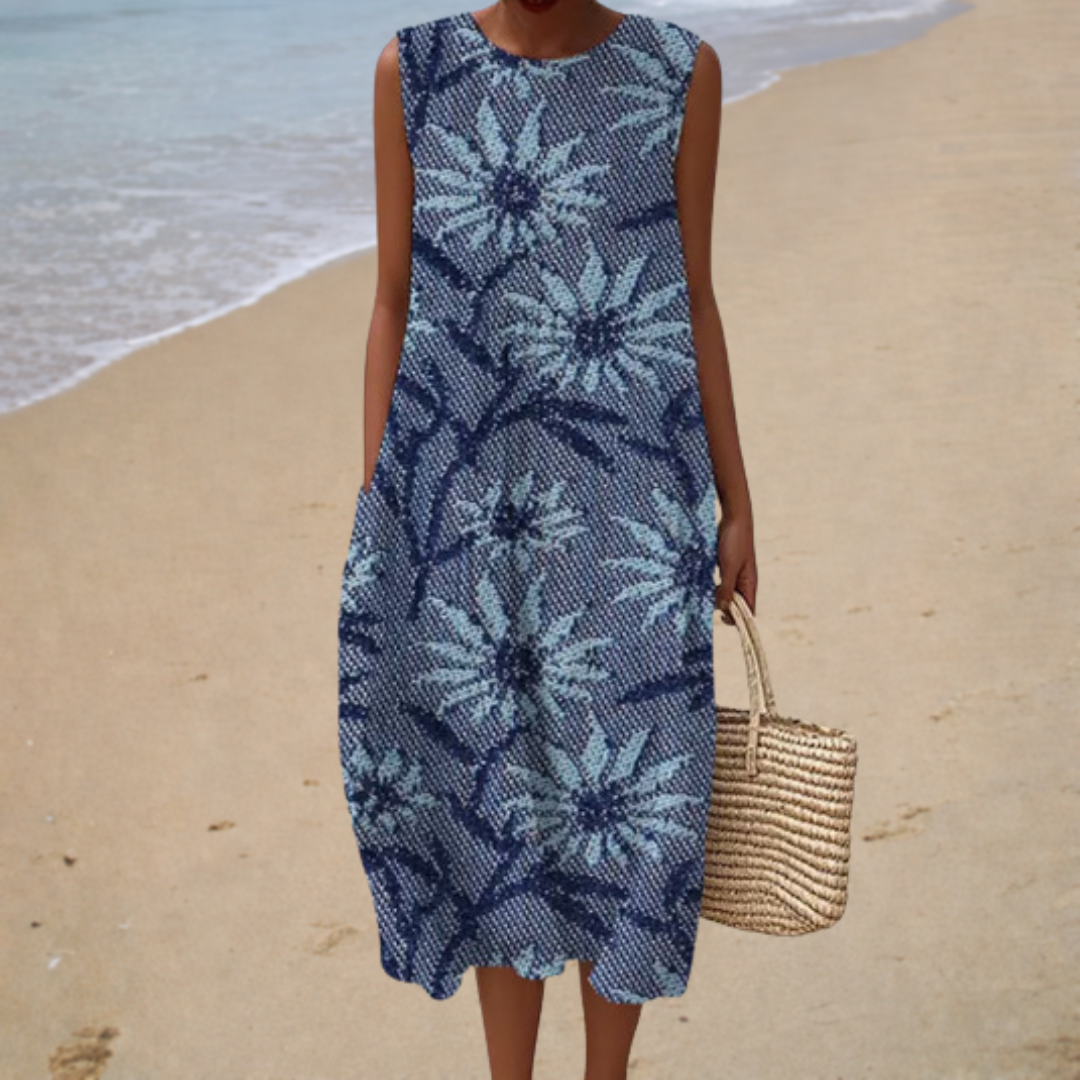 Floral Print Sleeveless Pocket Shift Midi Dress