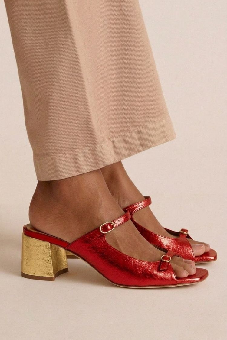 Open Toe T-Strap Contrast Block Heel Mules