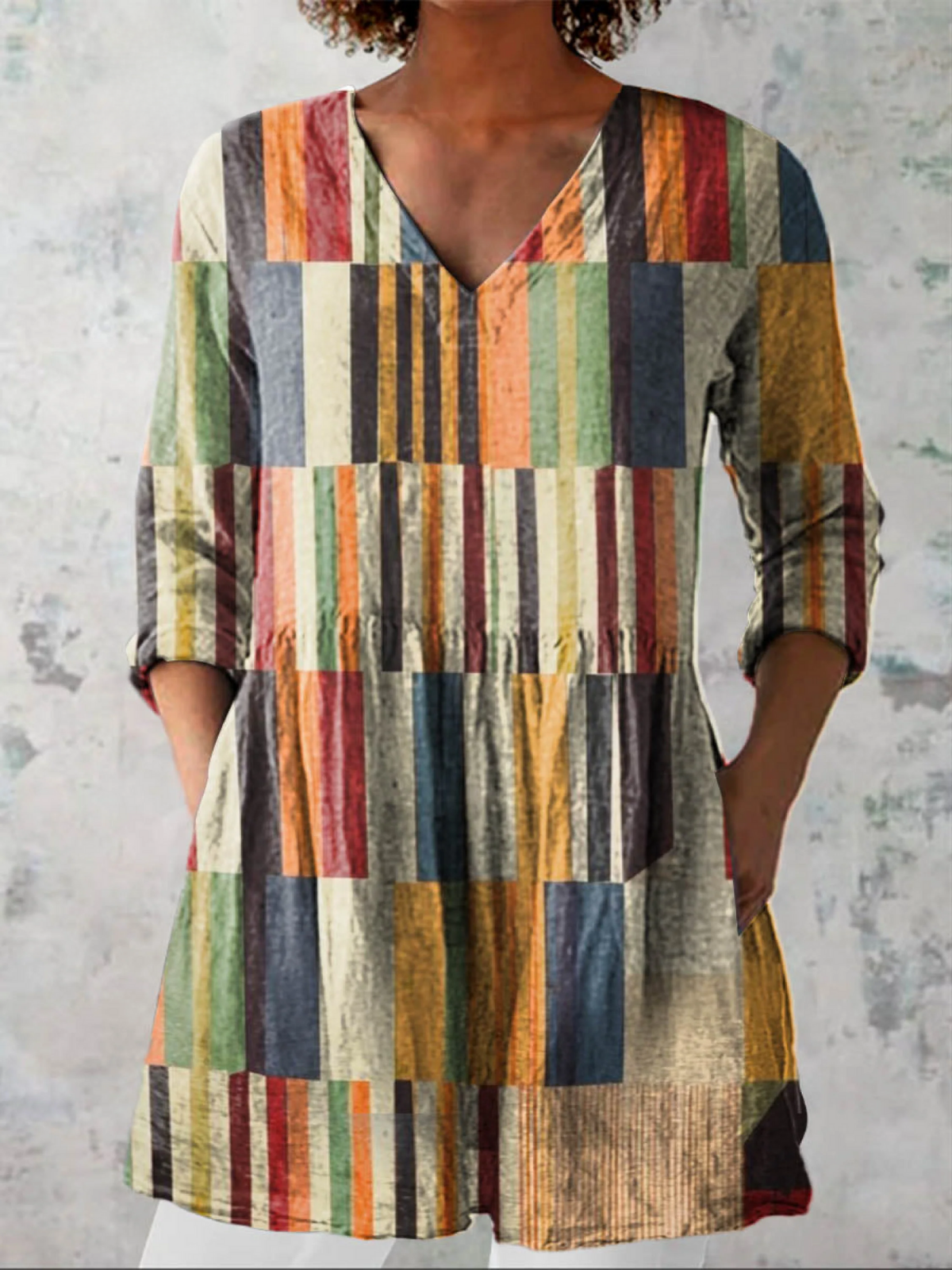 Striped Patchwork Print V-Neck Long Sleeve Tunic Top