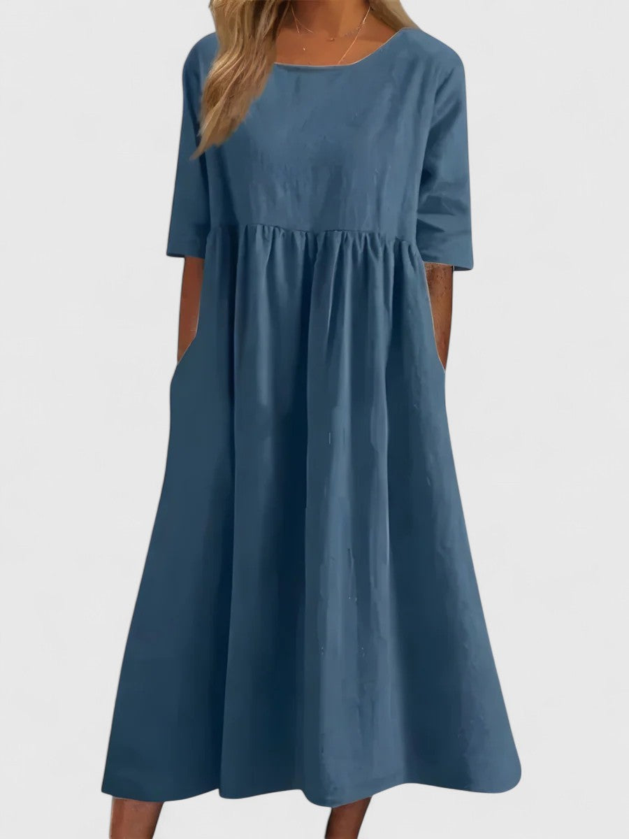 Scoop Neck Short Sleeve Pocket A-Line Midi Dress