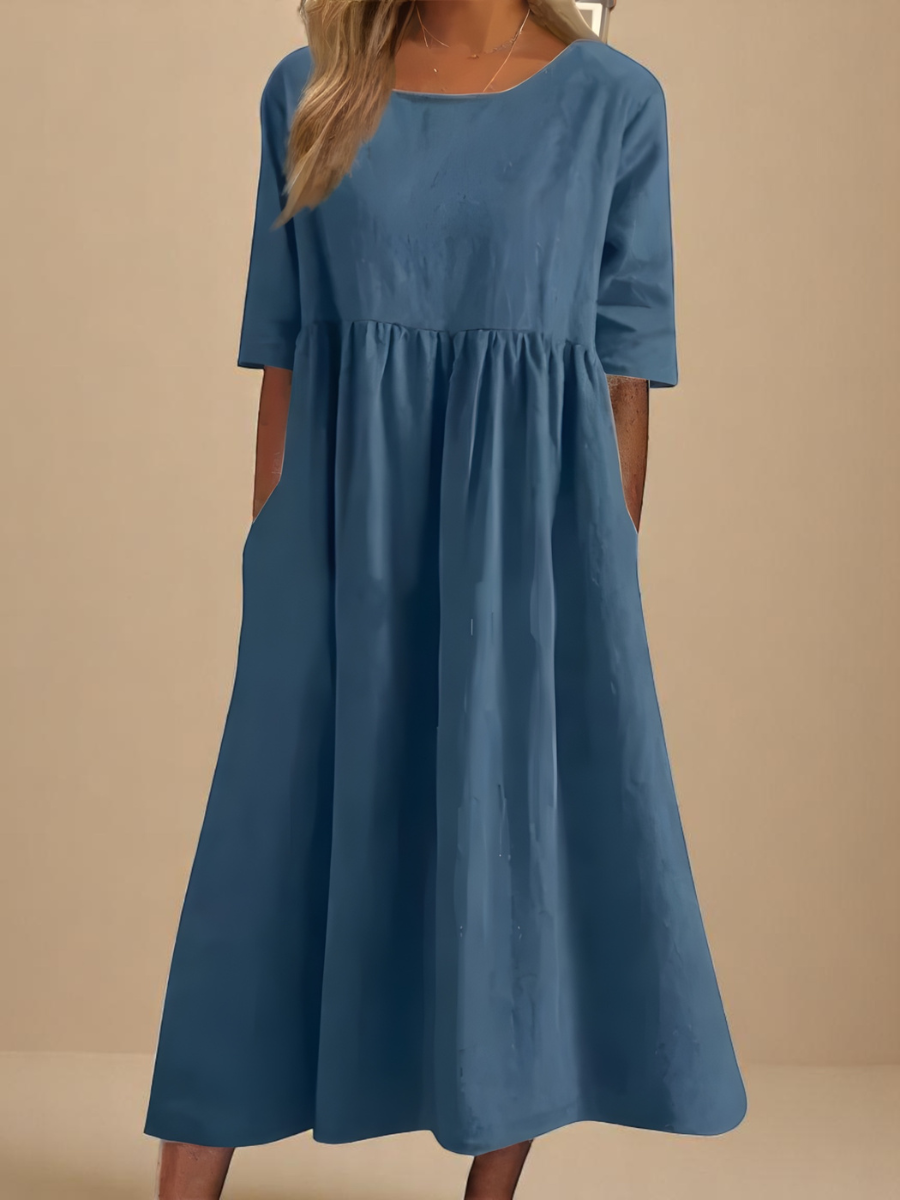 Round Neck Half Sleeve Pocket Babydoll Midi Dress