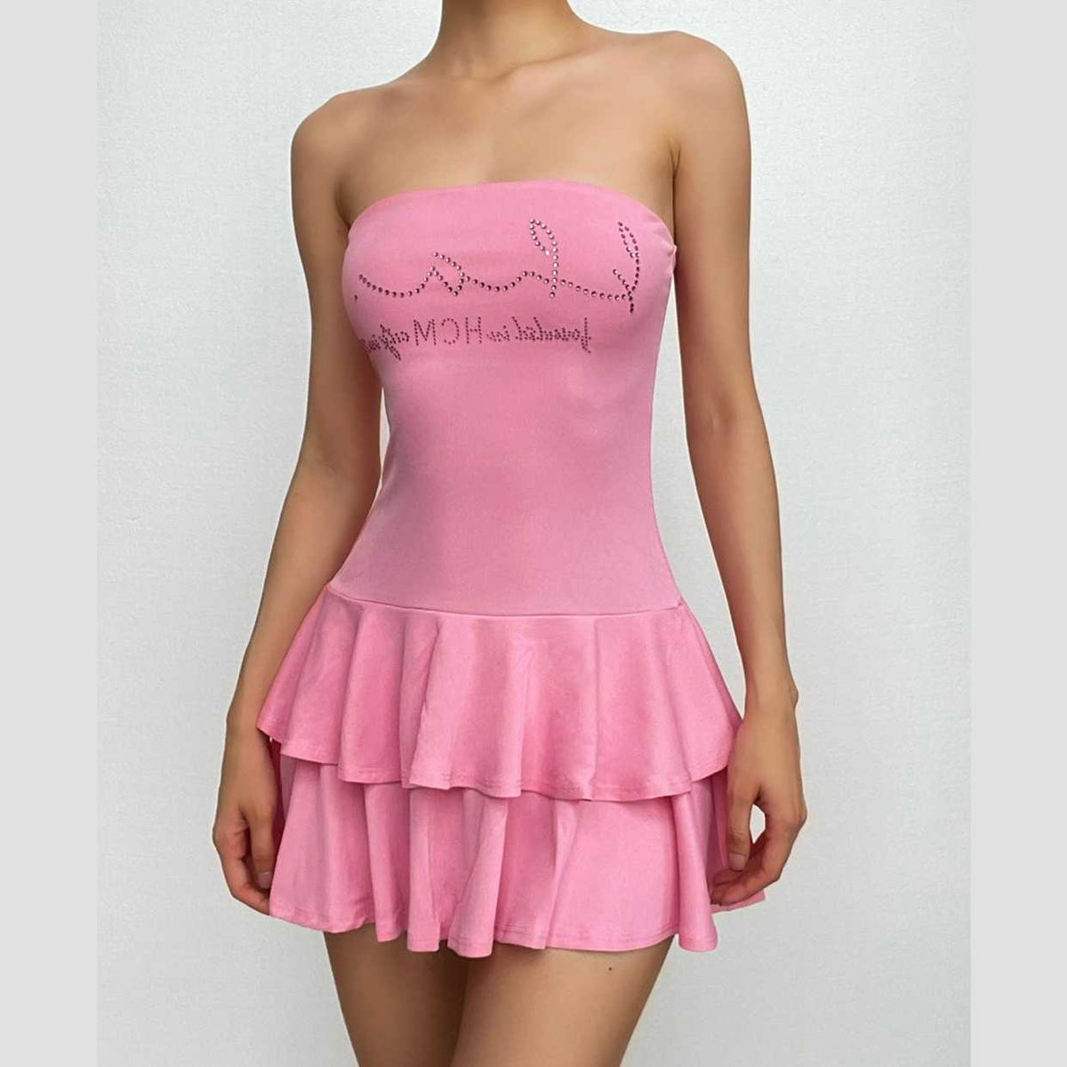 Strapless Rhinestone Letter Drop Waist Tiered Ruffle Mini Dress