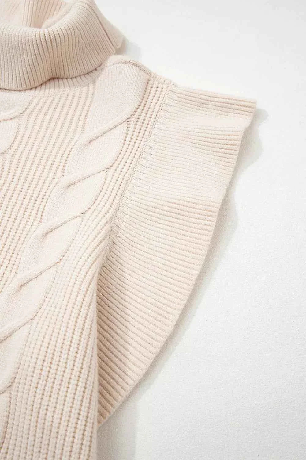 Cable Knit Turtleneck Ruffled Short Sleeve Sweater
