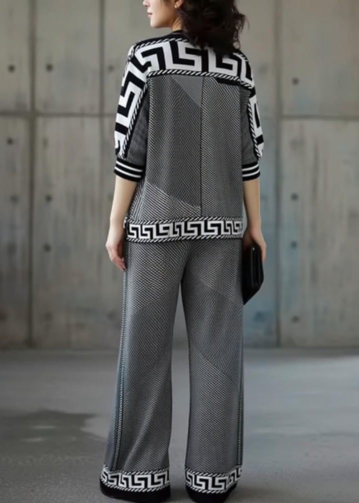 Greek Key Print Mock Neck Top and Wide Leg Pants Two Piece Set