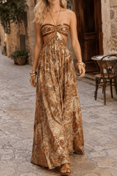 Strapless Lace Up Pleated Boho Dress