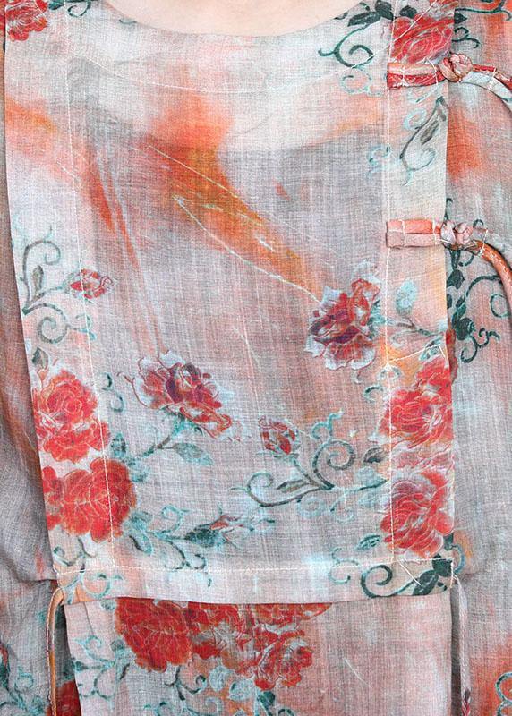 Floral Print Frog Closure Chest Panel Half Sleeve Oversized Linen Blend Maxi Dress