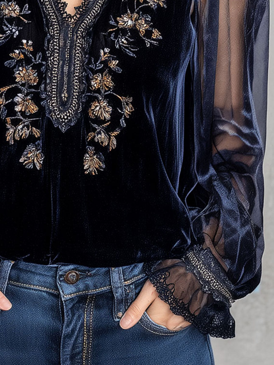 Embroidered Floral Navy Velvet Blouse With Shinning Sheer Sleeves