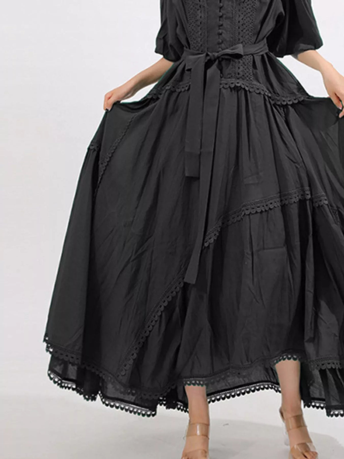 Crochet Lace Trim Notched Neck Puff Sleeve Tie Waist Tiered Maxi Dress 12