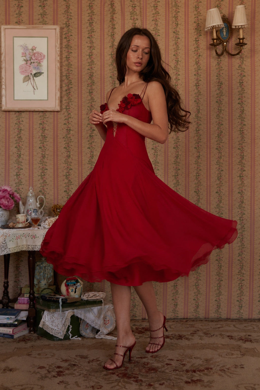 Sculpted Flower Plunge Midi Slip Dress
