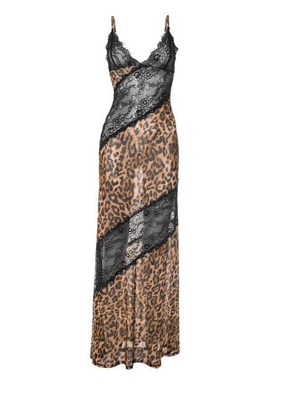 Leopard Print Halter Neck Lace Trim Mesh Maxi Dress 4