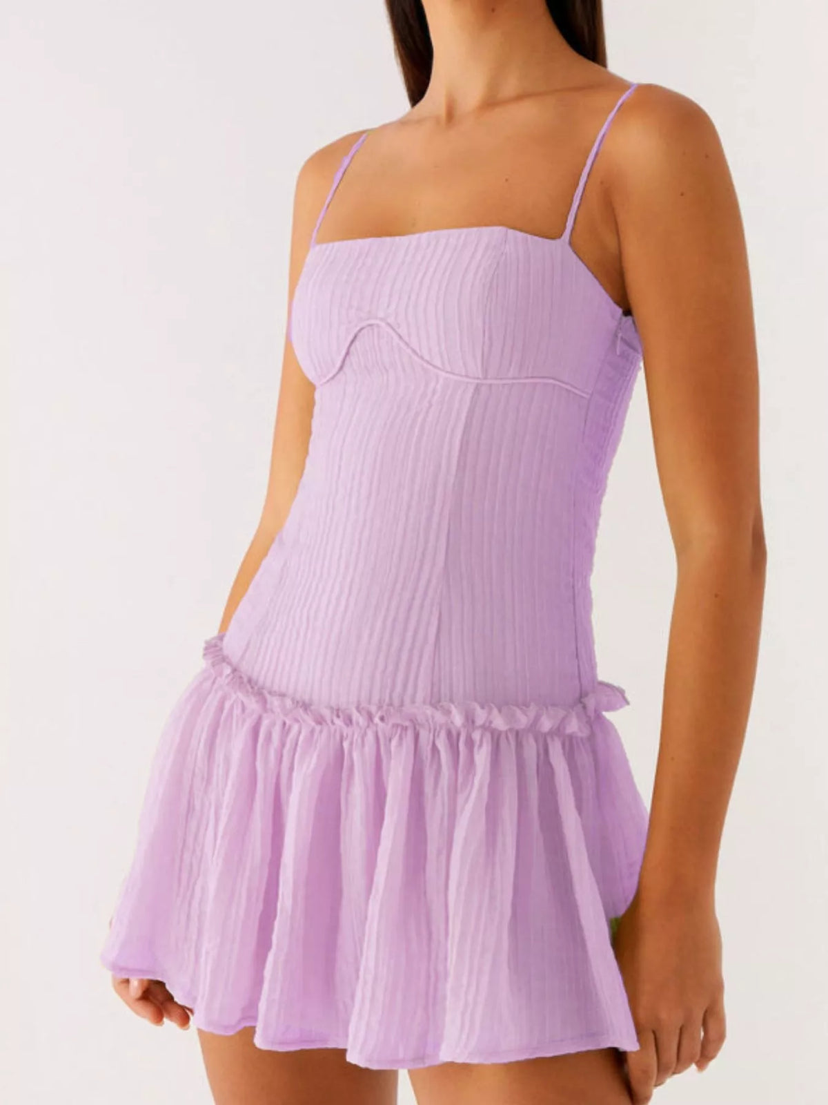 Textured Square Neck Cami Drop Waist Ruffle Hem Mini Dress 7
