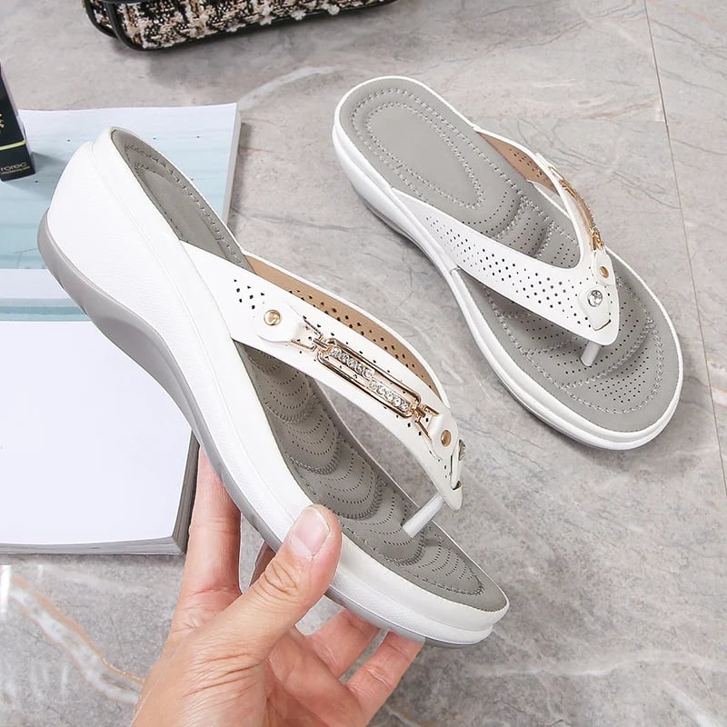 Thong Toe Post Metal Trim Wedge Sandals
