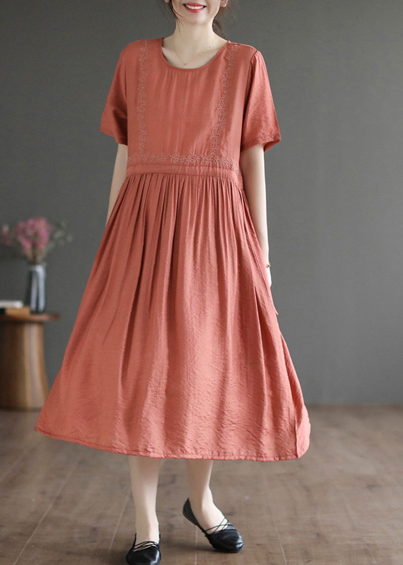 Embroidered Panel Round Neck Short Sleeve Gathered Waist Pleated Midi Dress