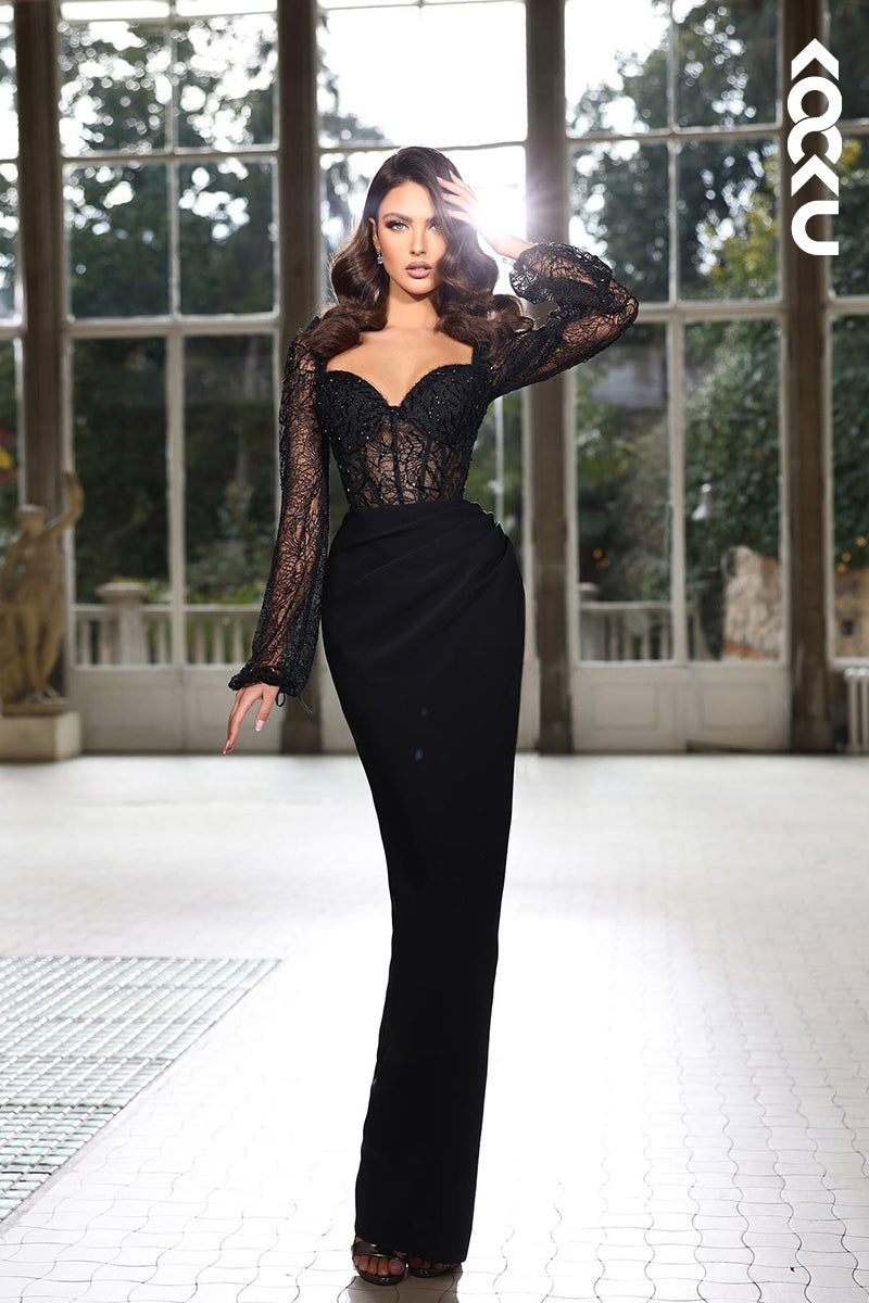 L2607 - Couture & Ornate V-neck Long Sleeves Sheath Lace Applique Evening Party Prom Dress