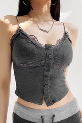 Lace Trim Padded Front Button Cami Top