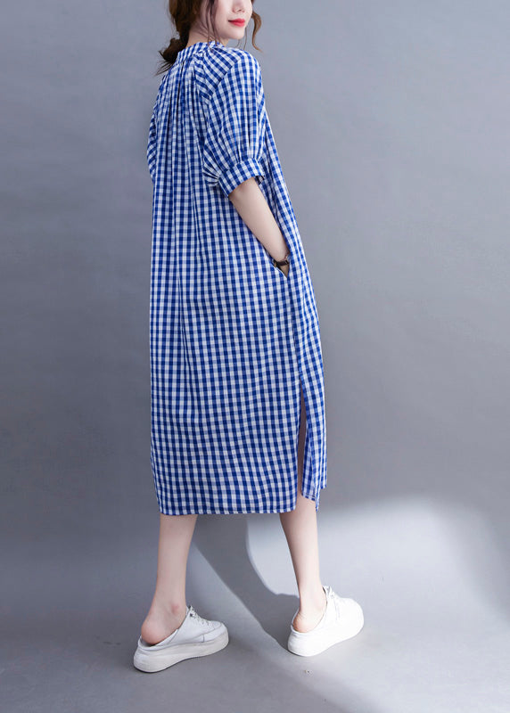 Gingham Check Mandarin Collar V-Neck Half Sleeve A-Line Midi Dress