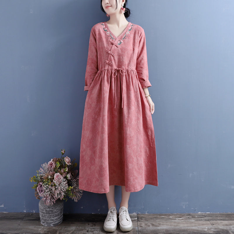 Jacquard Floral Embroidery Frog Button Wrap V-Neck Tie Waist Midi Dress