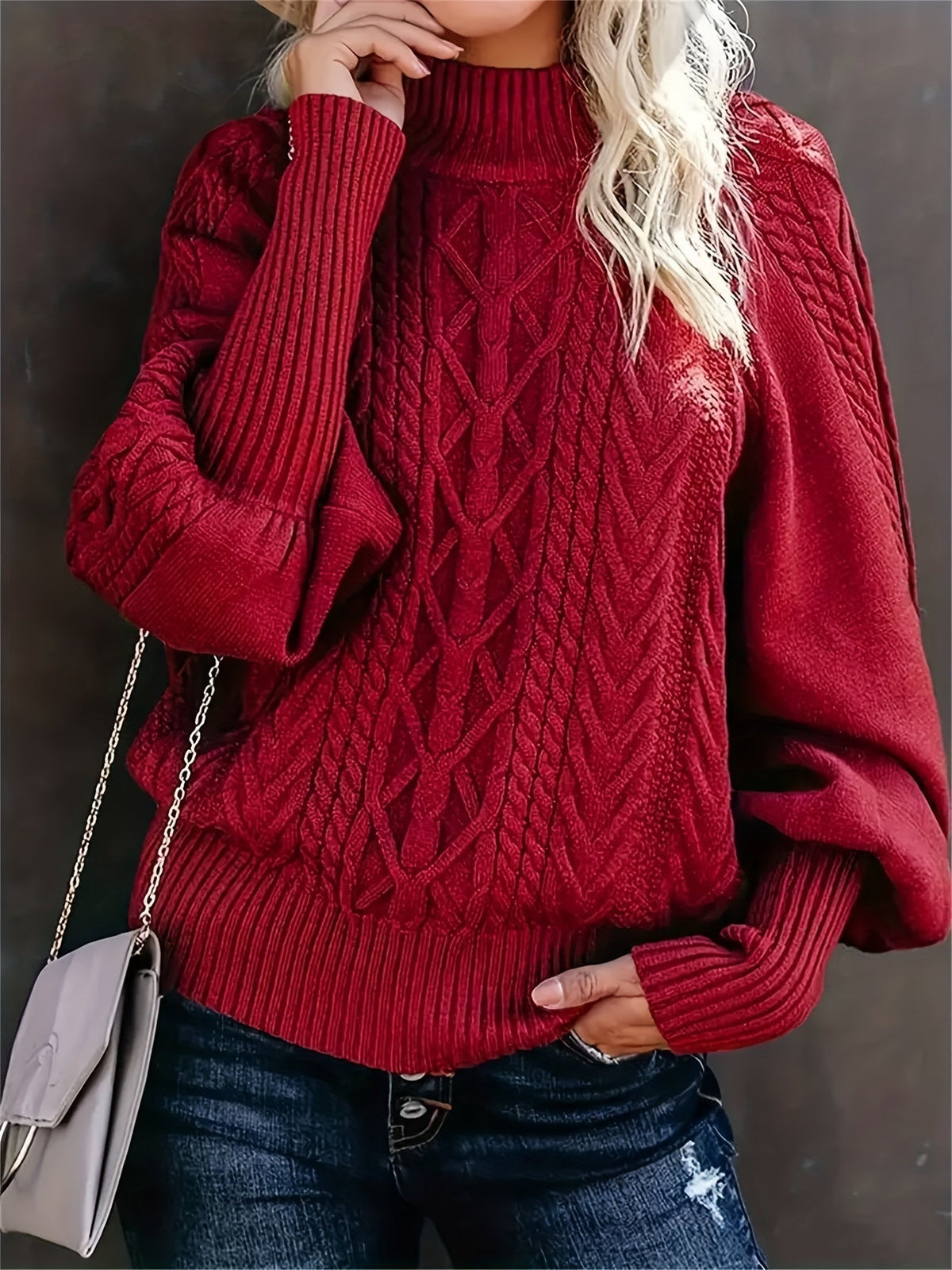 Mock Neck Long Sleeve Cable Knit Sweater