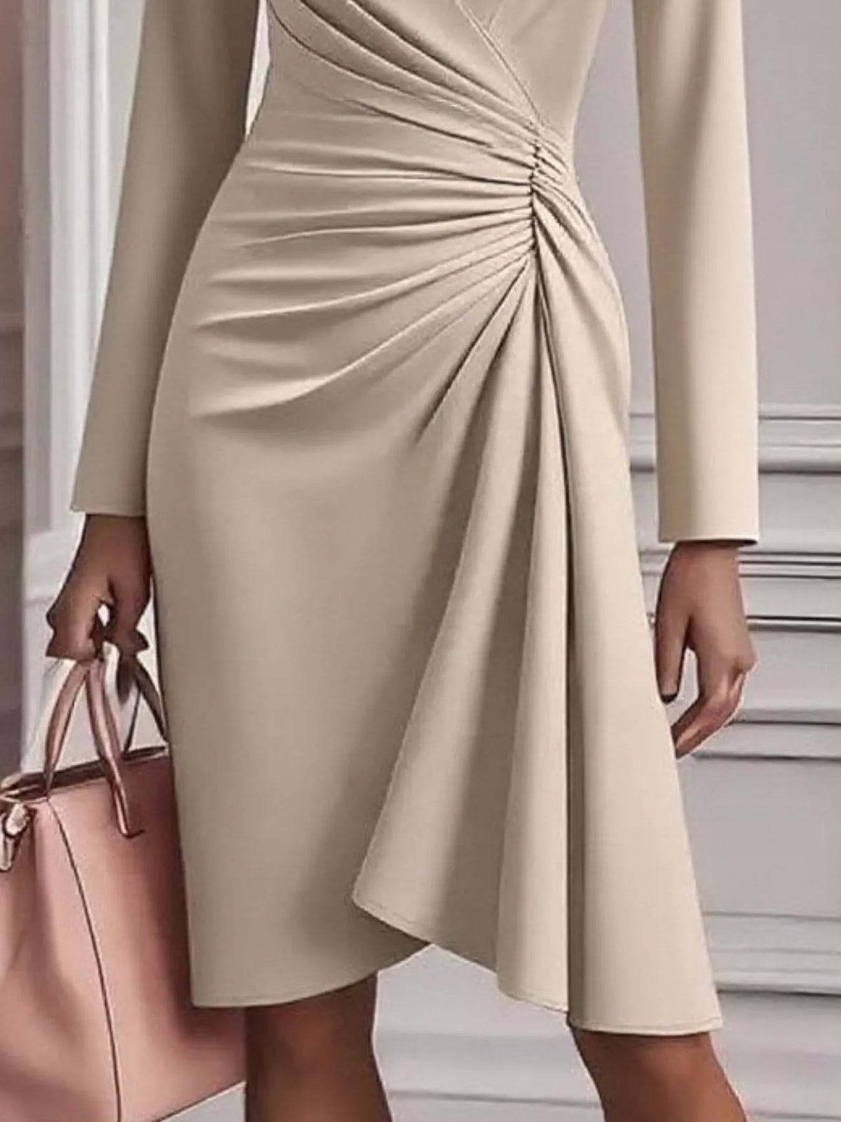 Satin Surplice V-Neck Long Sleeve Ruched Side Wrap Midi Dress 6