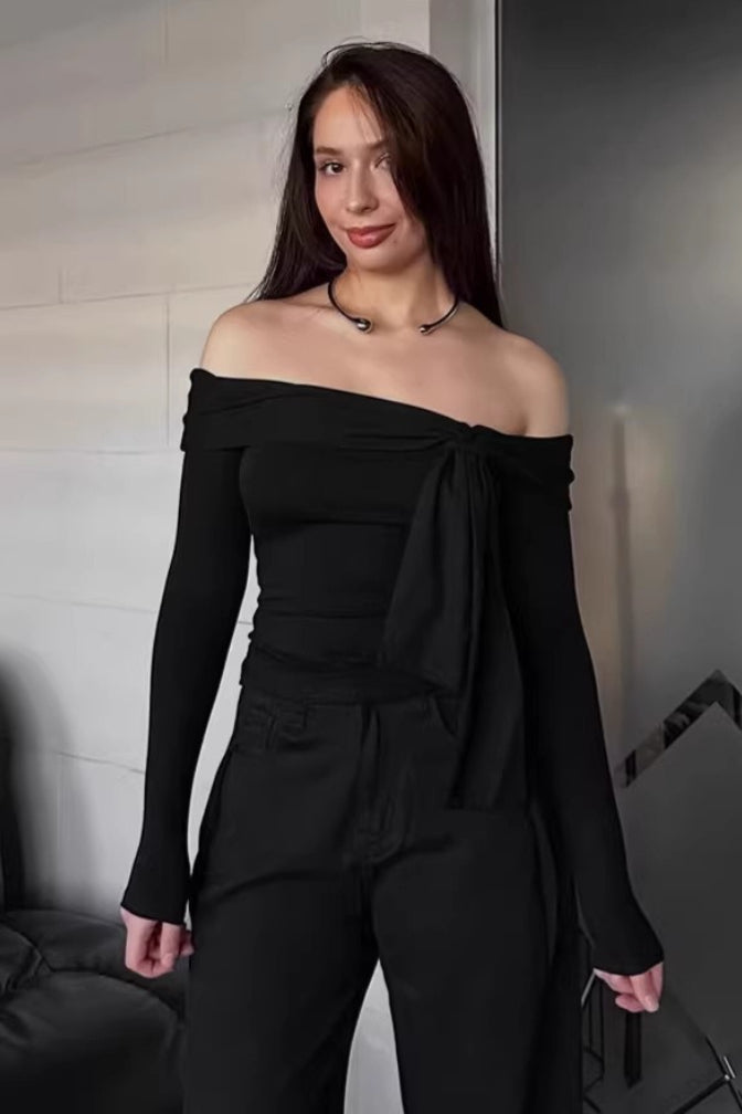 Off Shoulder Asymmetric Ribbed Long Sleeve Top