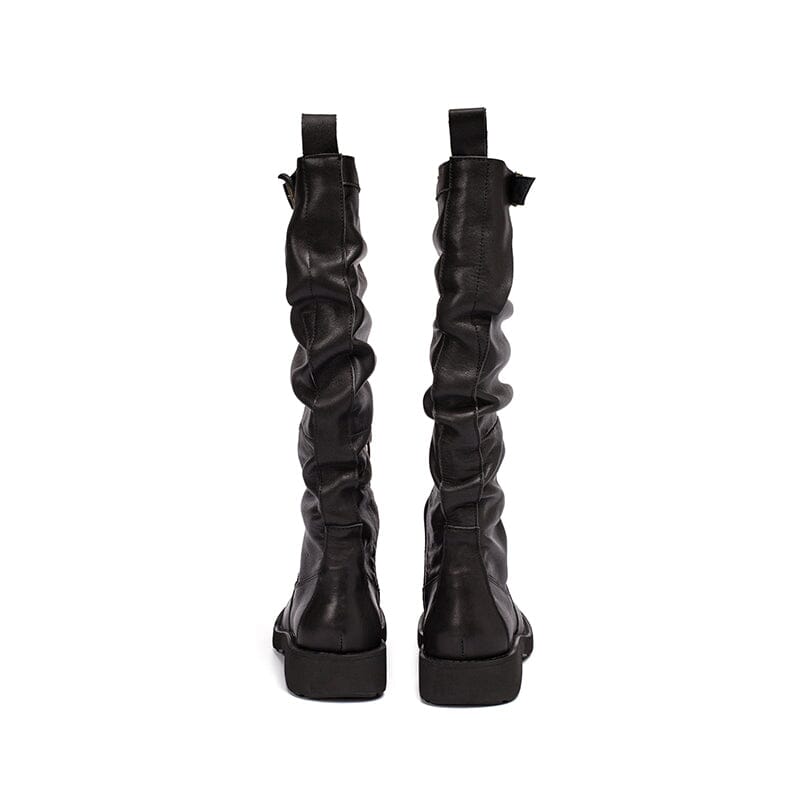 Waxing��Leather Knee High Boots Fold Design Riding Boots Buckle Boots in Black/Brown