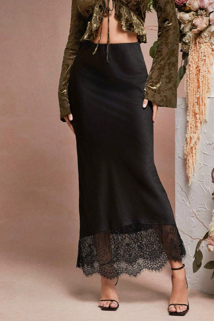 Satin High Waist Lace Trim Hem Maxi Slip Skirt 2