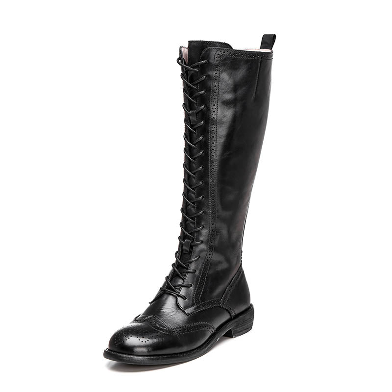 Handmade Wingtip Lace up Leather Knee High Boots Side Zip Riding Boots Short Plush Lining in Black/Coffee