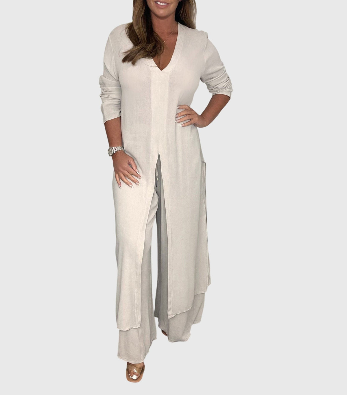 Long Sleeve Side Slit Longline Top and Wide Leg Pants Two Piece Set