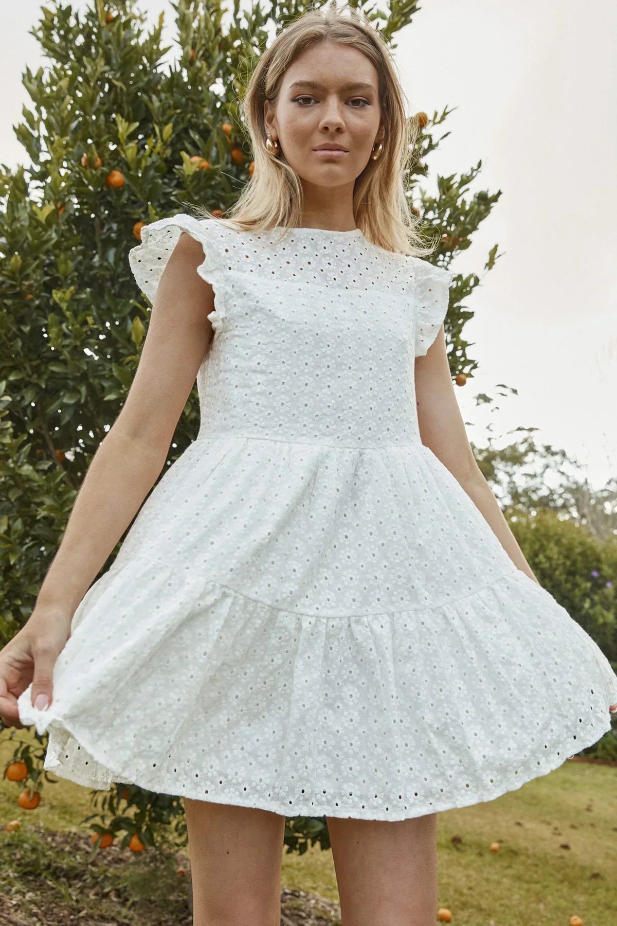 Eyelet Embroidered Flutter Cap Sleeve Tiered Mini Dress 8